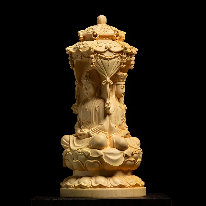 

3 Faces Amitabha Guanyin Bodhisattva 15cm Chinese Boxwood Carving Gods Buddha Statue Solid Wood Home Ornaments