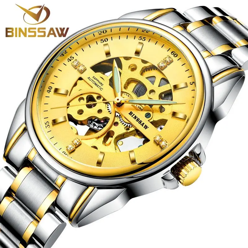 BINSSAW Оригинал Luxus Marke Edelstahl Mode Manner Uhr Automatische Mechanische Wasserdicht Skeleton Business Sport | Наручные