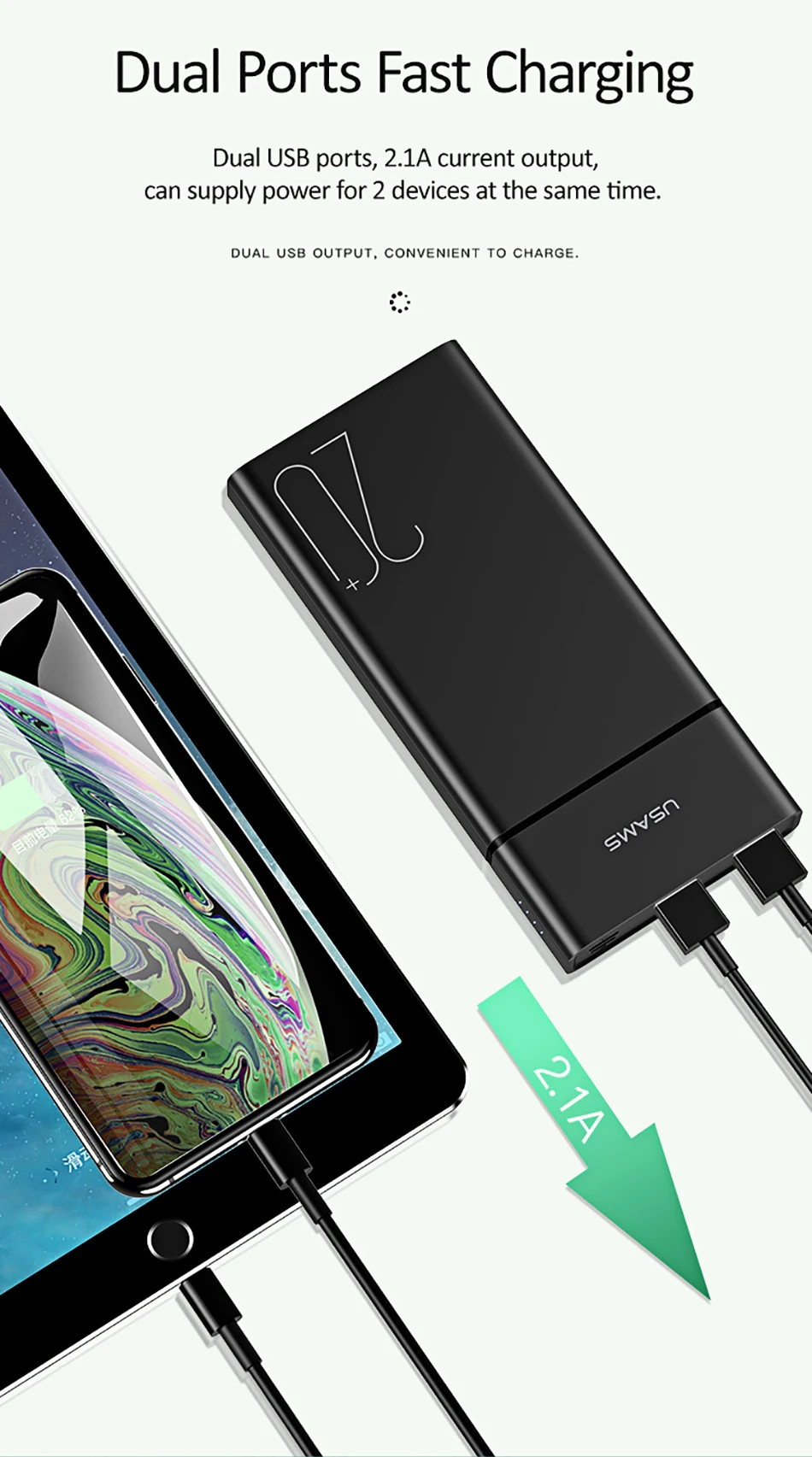 USAMS 20000mAh power Bank 2.1A быстрая зарядка банк питания для iPhone samsung Xiaomi Двойной вход и выход Внешняя батарея повербанк