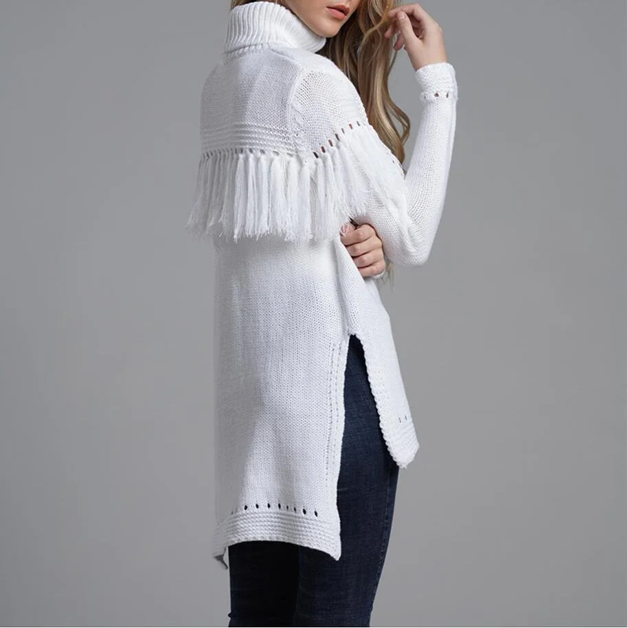 Women's Turtlenecks Winter Sweater Long pullover female fashion slim side slit white sweaters women knitted Tassel clothes | Женская