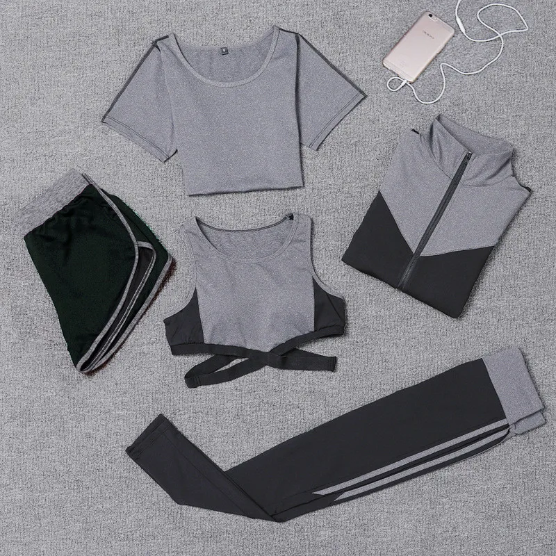 Sportswear-GRA Женский комплект спортивной одежды из 5 предметов для йоги, дышащий спортивный костюм для бодибилдинга, тренировок, пробежек, облегающая одежда для спортзала, фитнеса, толстовка XXL - Цвет: Sportswear-GRA