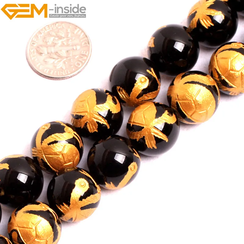 Gem-inside 10-14mm Round Gold Carved Dragon Turtle Tiger Phoenix Black Agate Beads For Jewelry Making 15&quot DIY | Украшения и