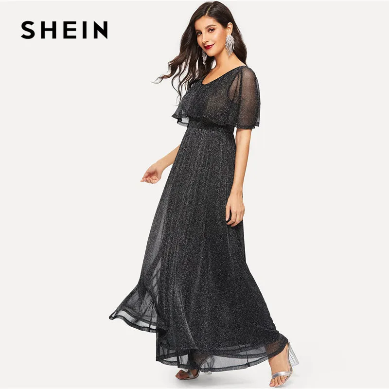 SHEIN Блестящее Расклешенное Платье С Высокой Талией Женское Черное Элегантное Платье Макси С Короткими Рукавами