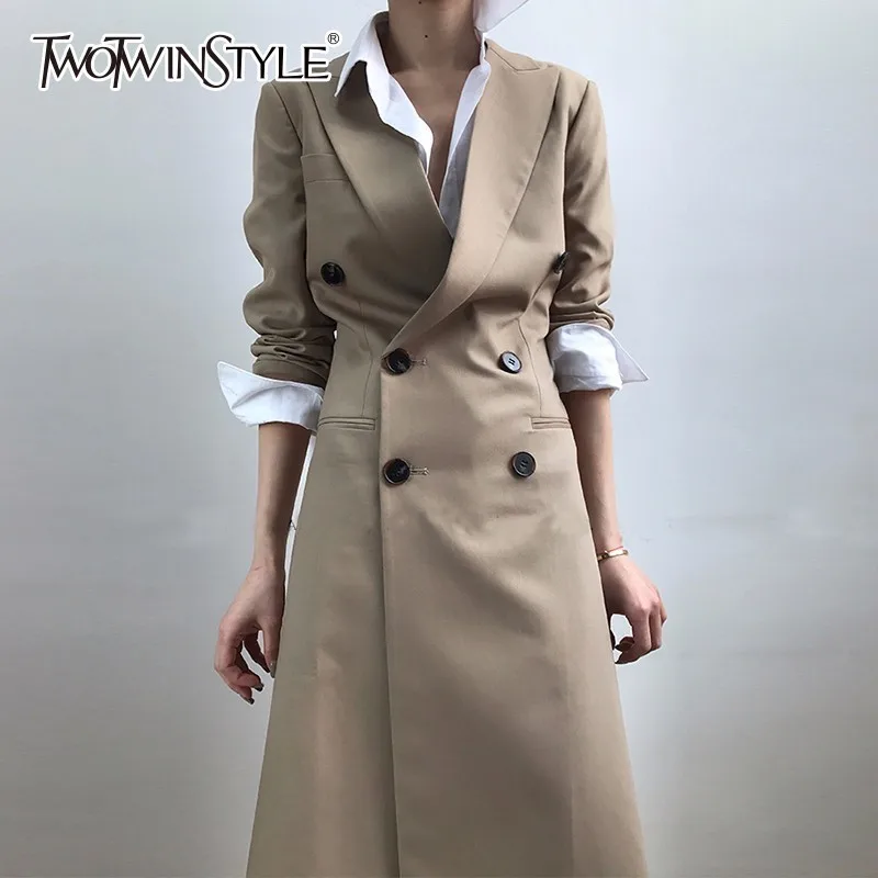 TWOTWINSTYLE Туника Длинный плащ женский воротник с лацканами двубортный тонкий базовый ветровка Весенняя мода OL одежда