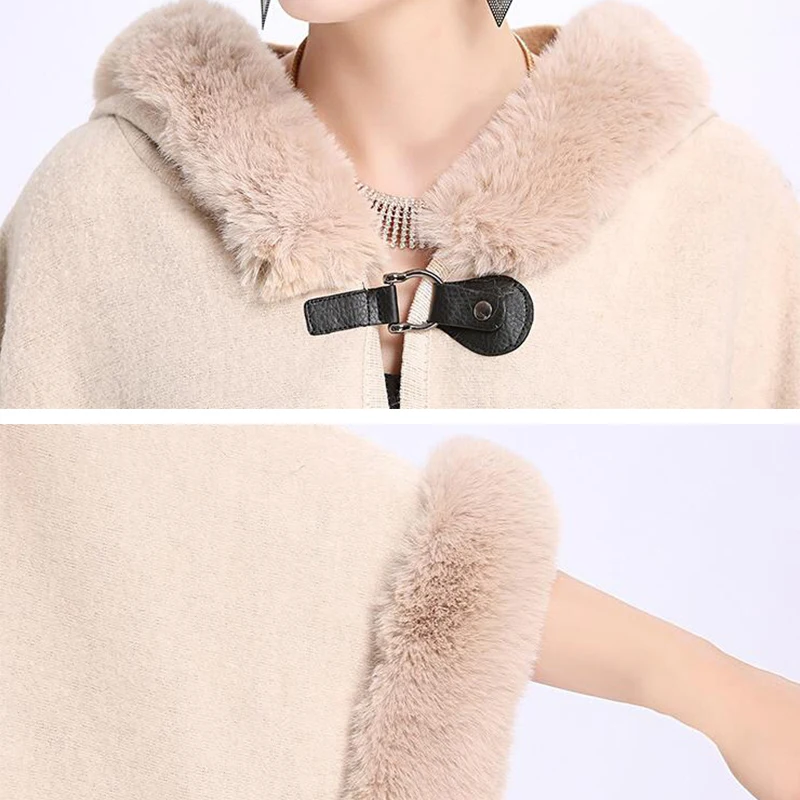 

Winter Long Jacket Warm Rabbit Fur Collar Coat Women Poncho Vintage Oversize Jacket Hoodie Autumn Outerwear LM022