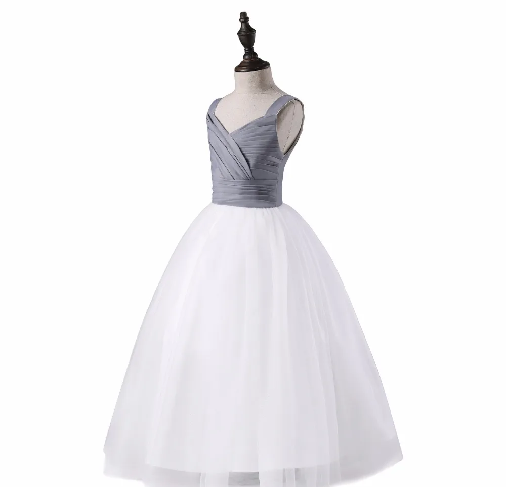 2019 Flower Girl Wedding Dress for toddler kids girl clothing Grey Tulle Pleat Dresses Sleeveless Floor Princess Lovely | Детская одежда