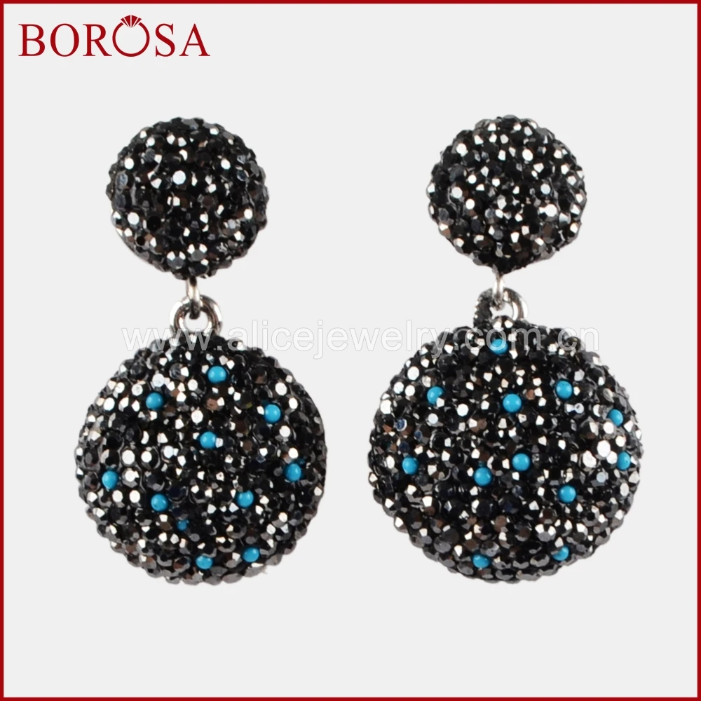 BOROSA Silver Color Round Charm Druzy Drop Earrings Handcrafted Rhinestone Pave CZ Dangle Gems Jewelry for Women JAB772 | Украшения и