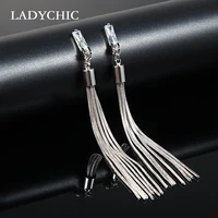 ladychic high quality long tassel silver color dangle earrings bling crystal earrings women fashion jewelry gift for girlfriend