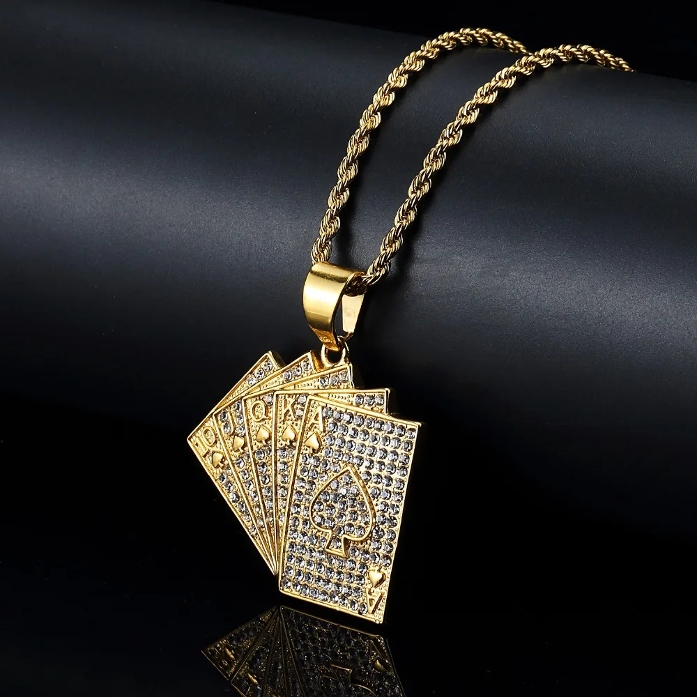 Stainless Steel Personalized Playing Cards Pendant Hearts Poker Necklace for Men Gift Club Jewelry Golden Fashion Chain | Украшения и