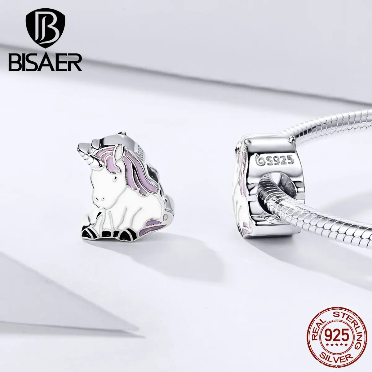 BISAER единорог, 925 пробы, серебряный, розовый, единорог, бусины, чистая любовь, животные, подвески, подходят для DIY браслетов, серебро 925, ювелирные изделия EFC074