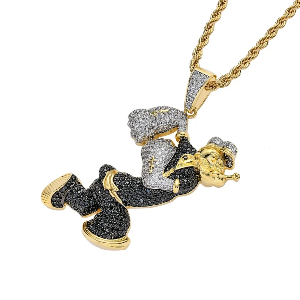 Хип хоп микро проложили Черный Белый AAA CZ камень Bling Iced Out мультфильм характер Popeye Подвески ожерелье для мужчин рэппер ювелирные изделия