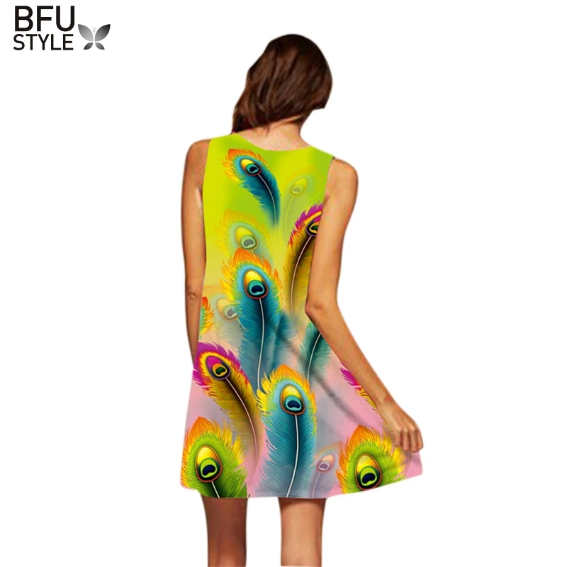 Женское короткое платье с перьями павлина элегантное пляжное 3D принтом в виде