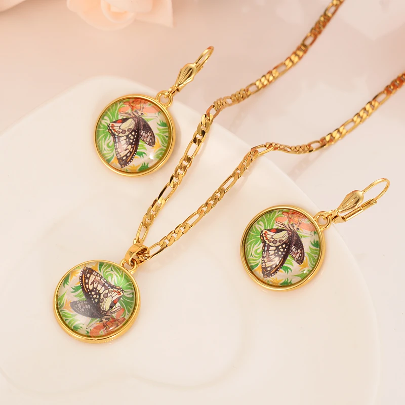 

handmade crystal butterfly Necklaces Earrings Gold Color PNG Jewellery Set Papua New Guinea Wedding party women girls gifts