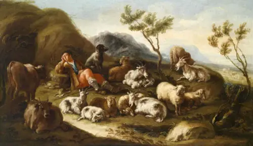 Удивленная картина маслом спящий пастух с овцами коровы козы собаки в