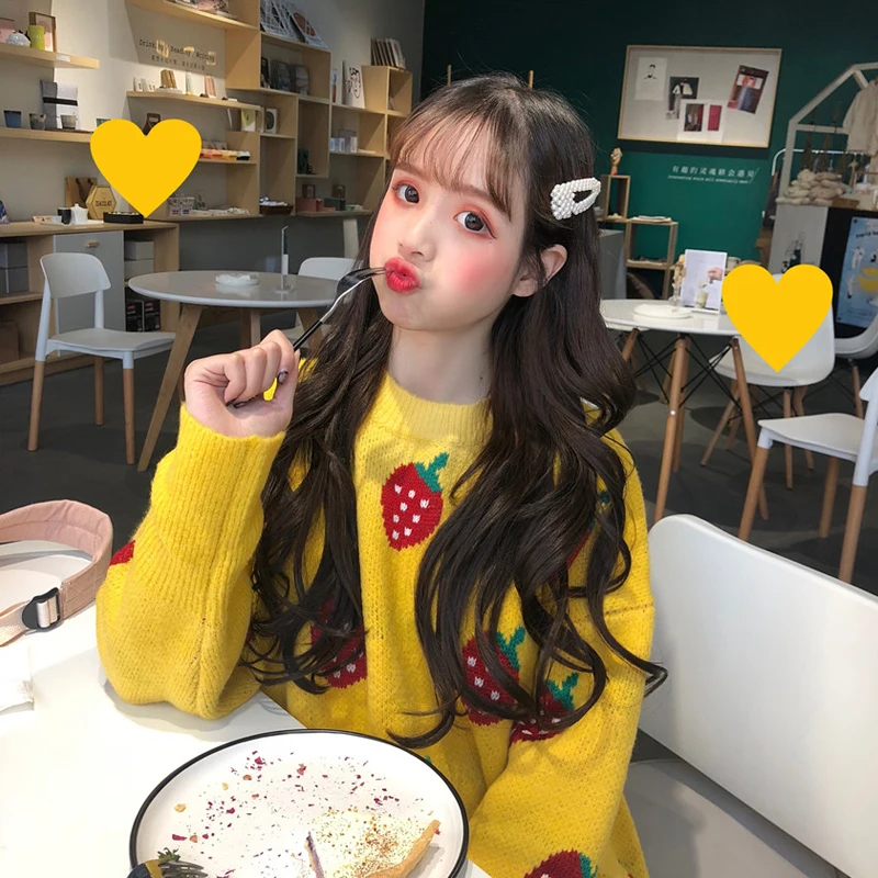 Fashions Women Knitted Sweater Autumn Long Sleeved Strawberry Christmas Pullovers Korean Casual Oversized Loose Sweaters | Женская