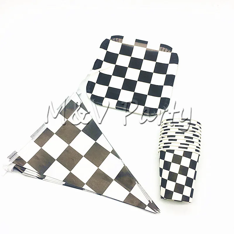 Black and White Plaid Theme Party Disposable Tableware Paer Flag Plates Cup Match Game Decoration Supplies | Дом и сад
