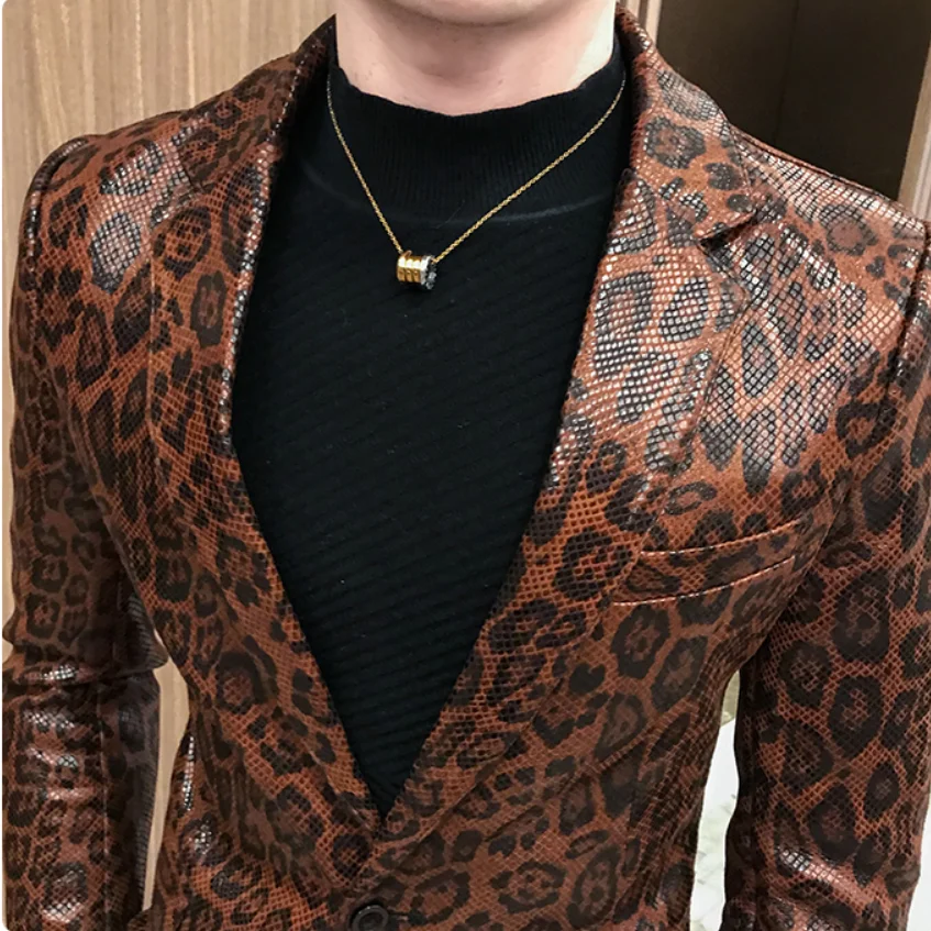 

2019 Autumn Men's Leopard grain Leather Jacket Men Fitness Fashion Male suit Jacket Casaco Masculino Casual Coat Male Clothing