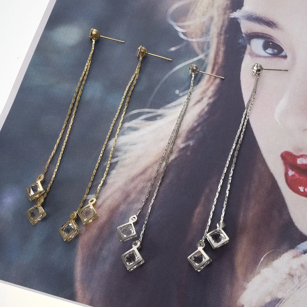 Square Gold Silver Color long Dangle Tassel Earring Stainless Steel Needle Rhinestone Women Ear Jewelry | Украшения и аксессуары