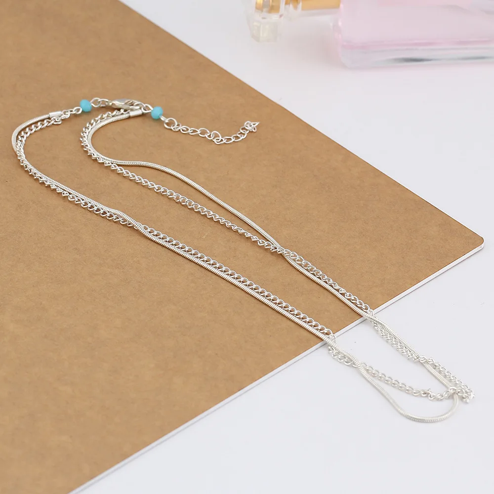 Браслеты на ногу Многослойные женские анклеты серебристого цвета с синими