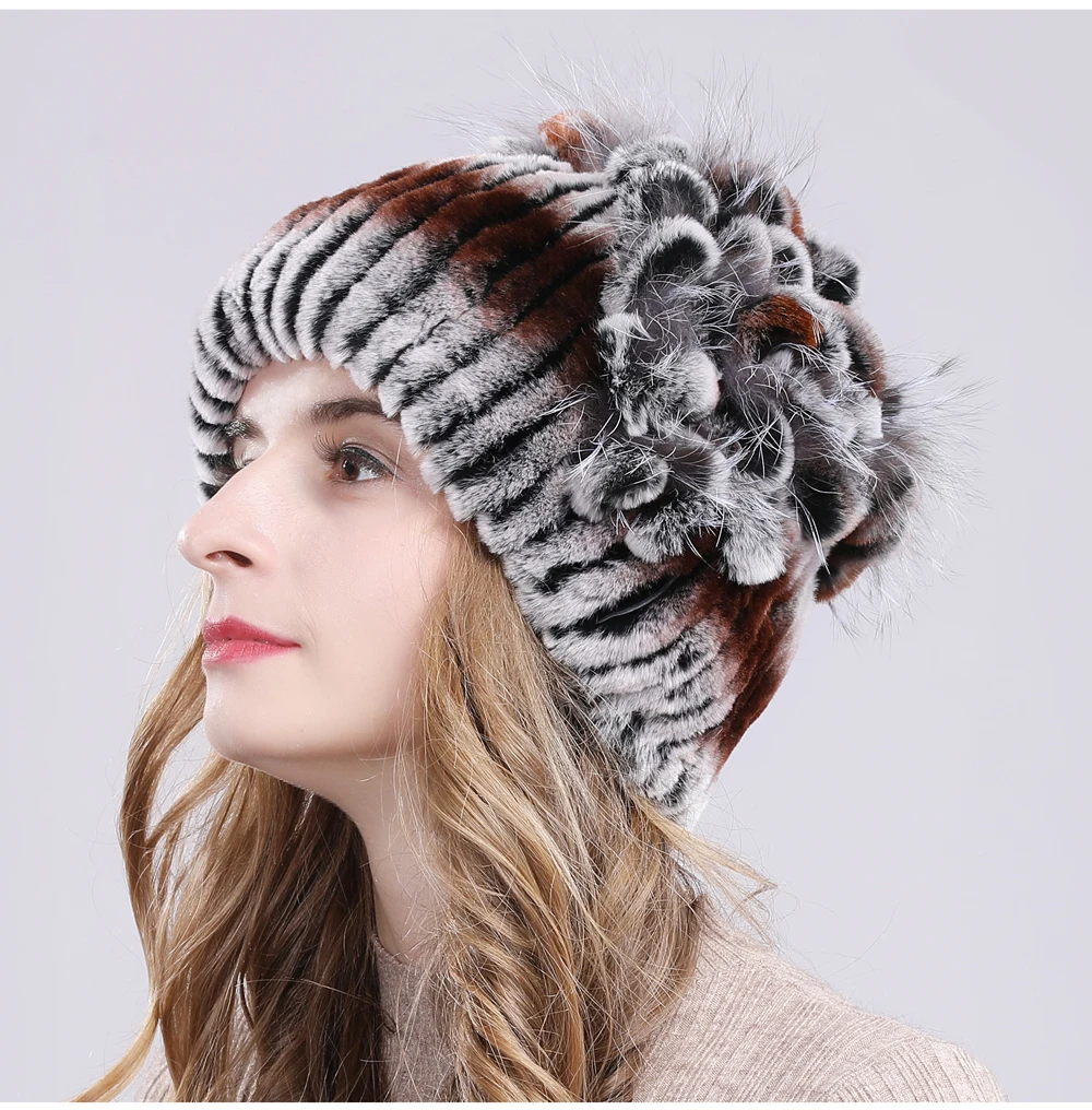 Новые русские Женские Настоящий мех кролика Skullies шапки Роскошные вязаные цветы натуральная шапка из меха кролика рекс зимние натуральный мех шапочки