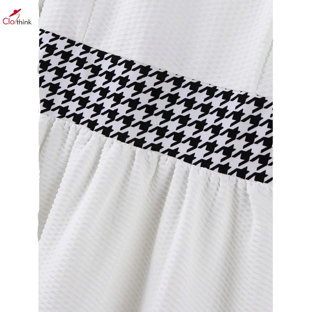 Clothink Женщины Белый Алмаз Tuextured Хаундстут Панели Круглый Шеи Фигурист Платье 2016