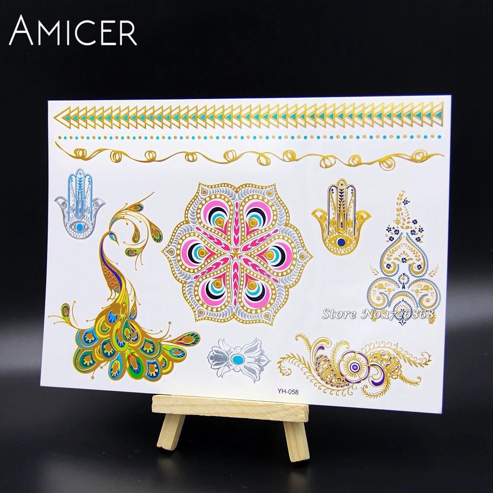 

New Metallic Gold Silver Body Art Temporary Tattoo Sexy Flash Tattoos Sticker For Fashion Colorful Peacock Hamsa Hand