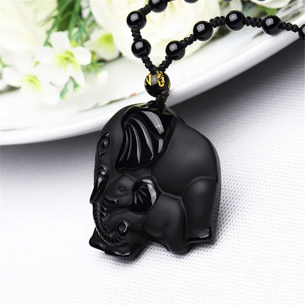 

Dropship Natural Black Obsidian Cute Mother Baby Elephant Pendant + free beads necklace for Men or Women Amulet Gift Jewelry