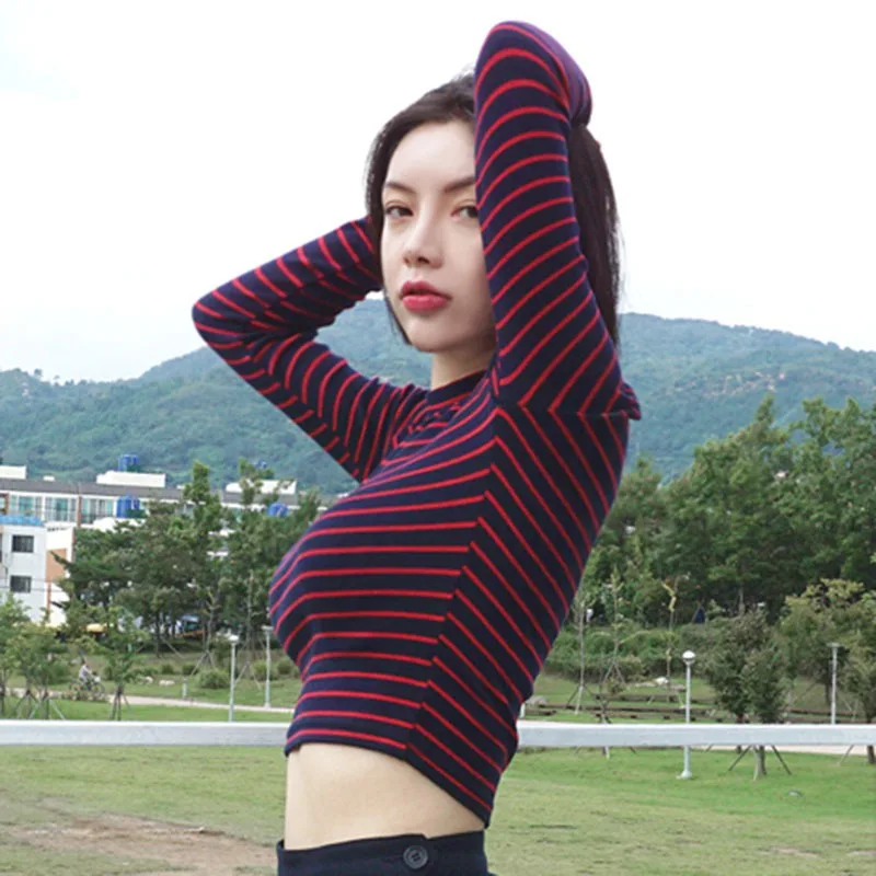 Womens Fashion Harajuku Striped Slim Cropped Top T-shirt Korean Style Long Sleeve T Shirts | Женская одежда