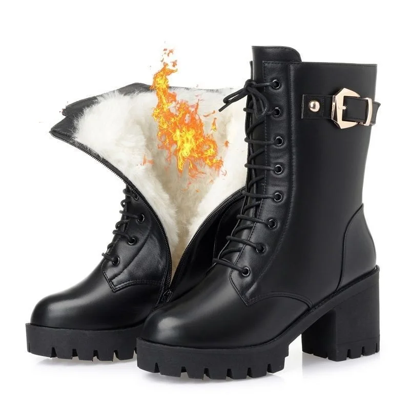 

Square heel platform Women Boots winter fleece warm Shoes england style 7cm heel height zipper anti-skid women shoes