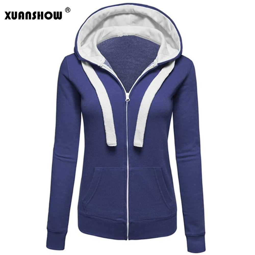 XUANSHOW новые зимние женские толстовки с капюшоном и длинными рукавами контрастный цвет большая шляпа карман на молнии Женская куртка толстовки XXXL