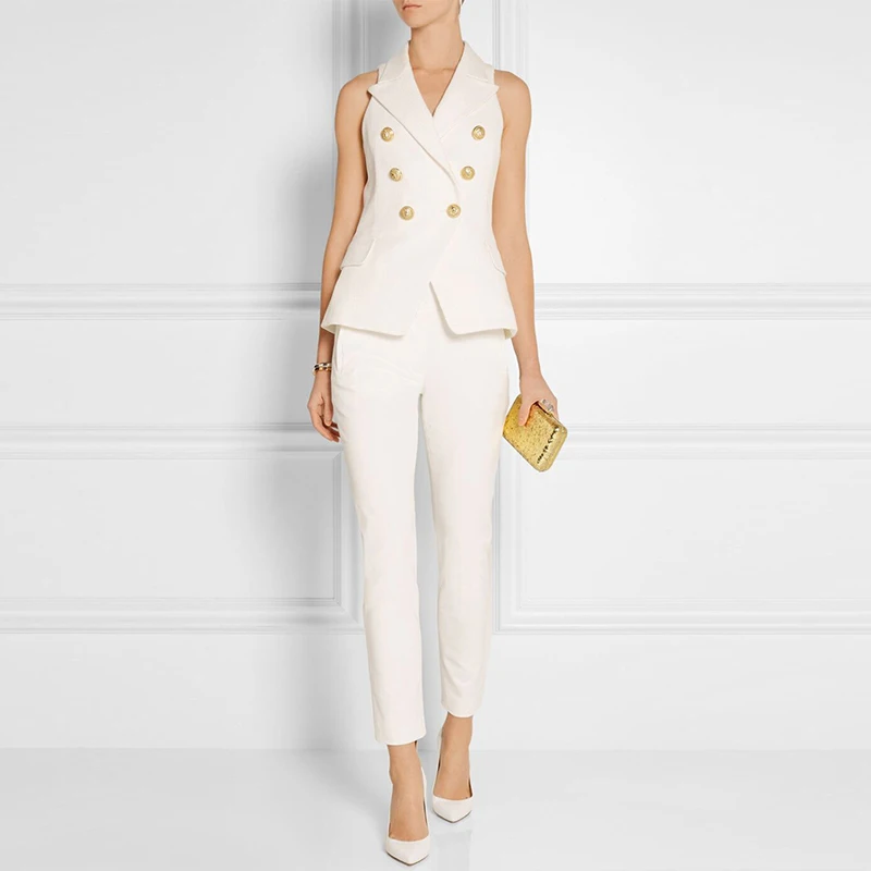 Женский двубортный жилет на пуговицах белый/черный с золотыми пуговицами