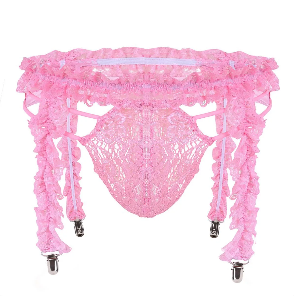 Sissy Panties Mens Floral Lace Ruffled G-String Thong Briefs with 4 Frilly Straps Heart Clips Garter Belt Gay Lingerie Set | Тематическая