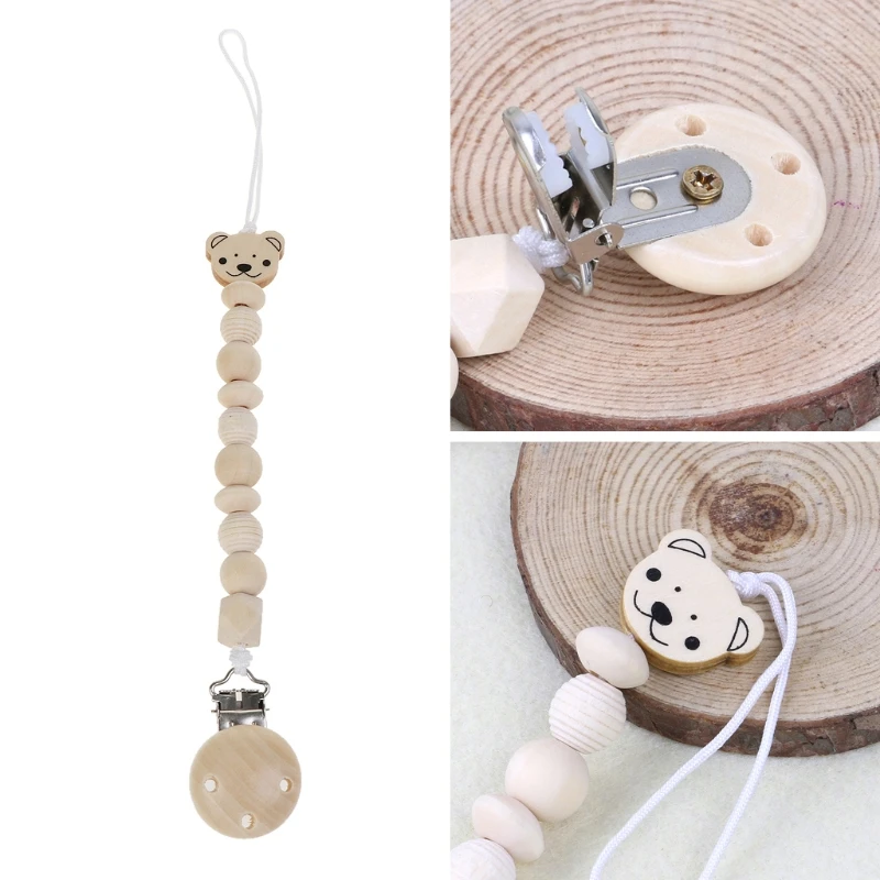 

Bear Head Bead Dummy Clip Infant Teether Toy Baby Dummy Chain Wood Pacifier Clip