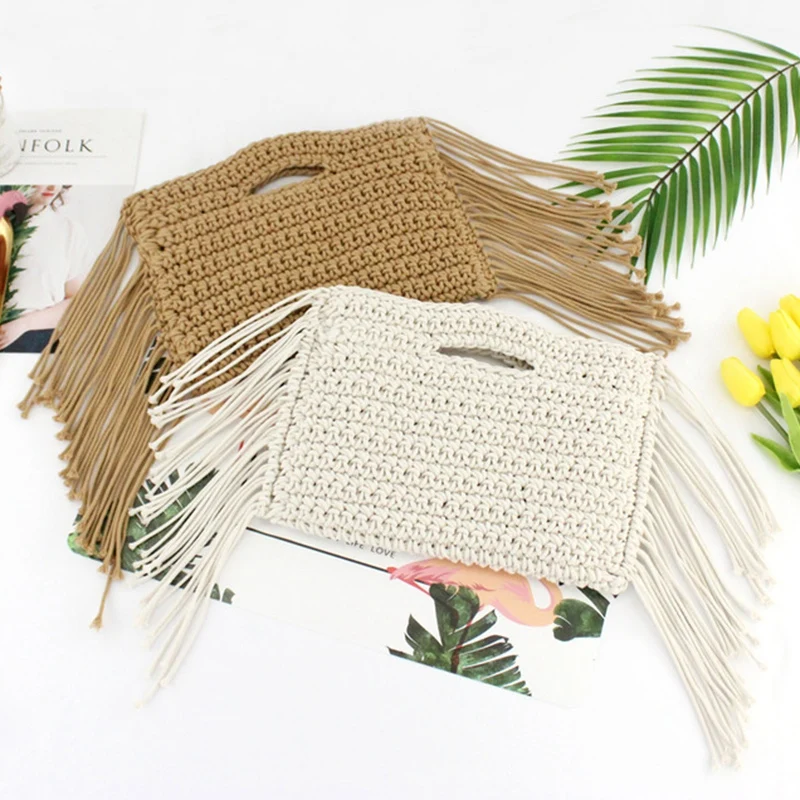 

Tassels Hand Held Handmade Women Straw Bags Cotton Rope Woven Hand Bag Woven Fringe Bag Women's Handbag Lady Summer Beach Purses