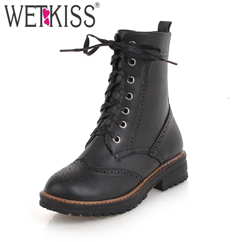 WETKISS/женские осенние ботинки с закругленным носком на шнурках толстом каблуке