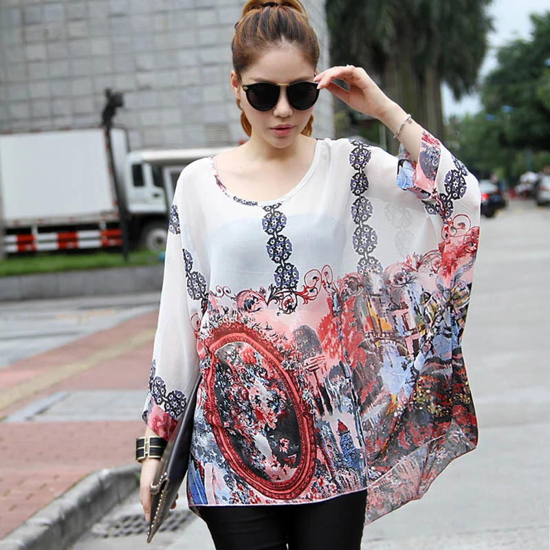 Винтажные женские прозрачные блузки с принтом шифоновые рубашки рукавами