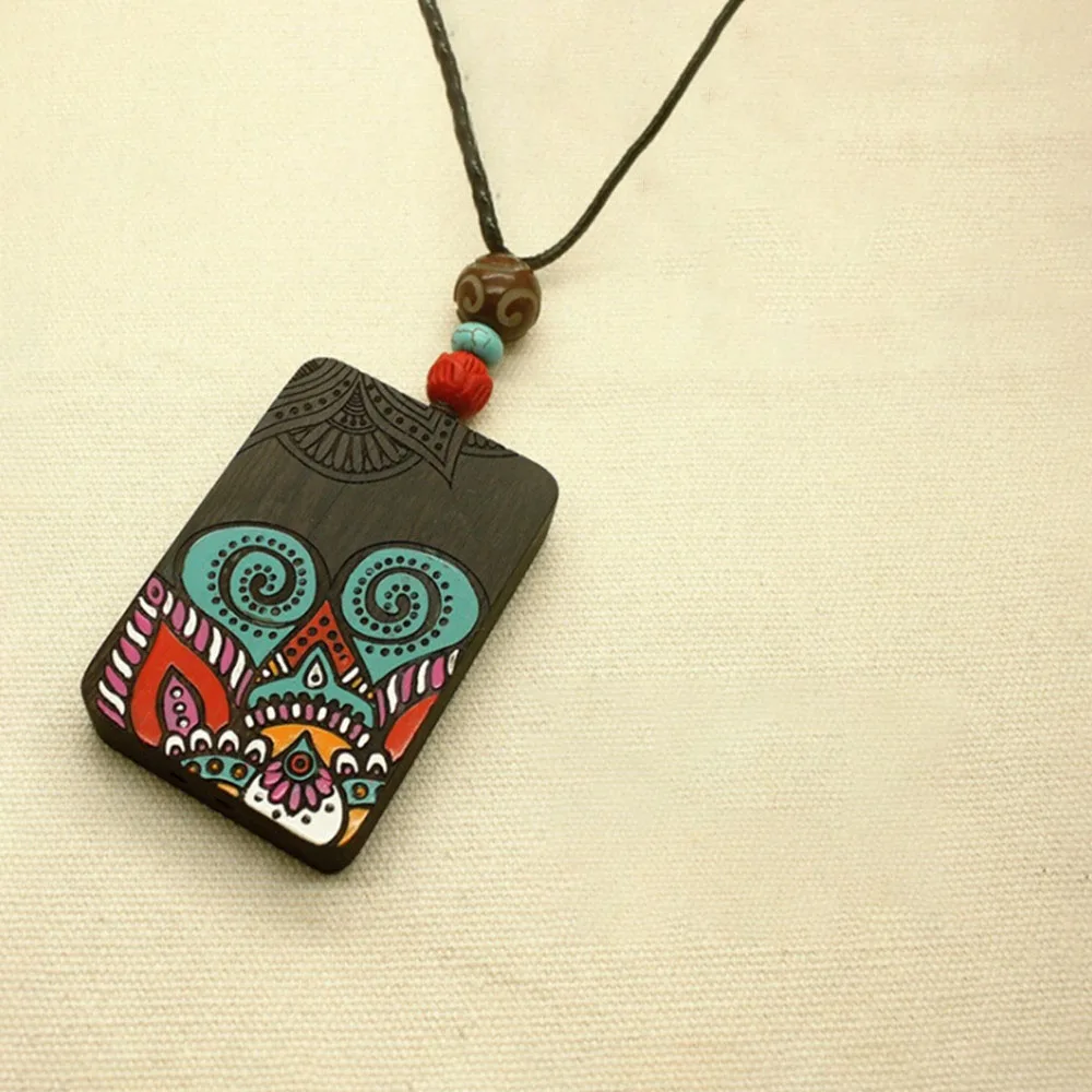 Black Sandalwood Hand-painted Necklace Tibetan Style Joker Personality Sweater Chain Men Women Antique High-end Safety Pendant |