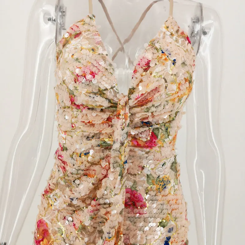 Chinese Long Print Floral Paisley Dress Women Summer 2020 Celebrity Party Sequins Office Lady Slip Sexy V Ankle-length | Женская одежда