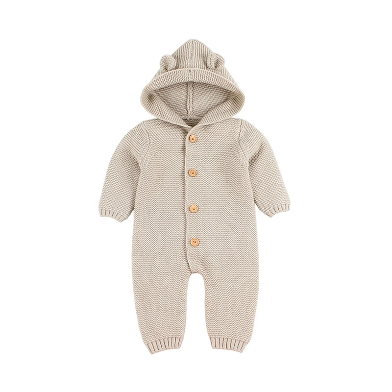 Infants Baby Winter Hooded Sweater Romper Newborn Fur Collar Knitted Cardigan Baby Boys Girls Christmas Jumpsuit Clothes - Цвет: khaki