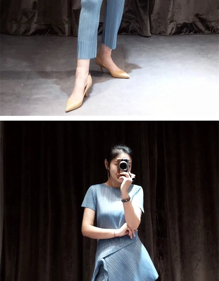 Changpleat летний женский комплект из двух предметов Miyak плиссированные модные однотонные футболки с круглым вырезом и штаны большие эластичные женские костюмы S9