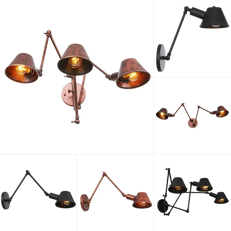 Loft retro Matte Black iron shade adjustable swing arm reading wall lamps e27 led 85-265V Lights for workroom bedroom bar cafe | Освещение