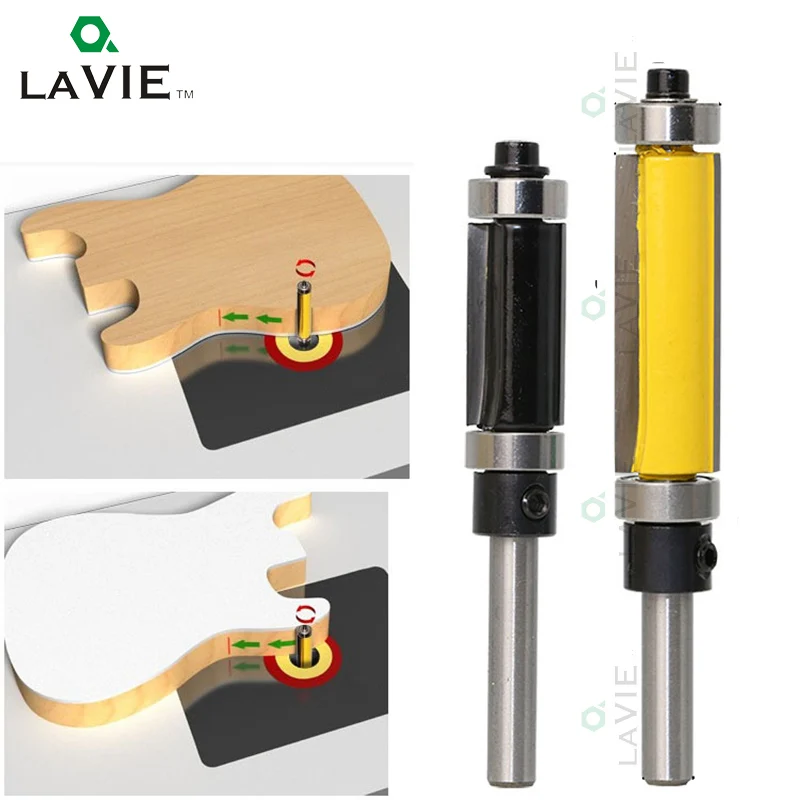 

LA VIE 2pcs 1/4 6.35mm Trimming Knife Milling Cutter Carbide Flush Double Bearing Straight Trim Router Bit Woodworking MC01017