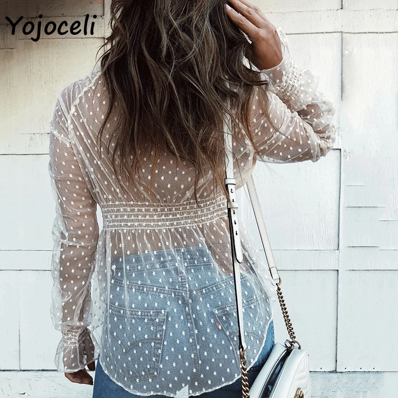 Yojoceli Весна-осень 2019 кружевное платье в горошек женские блузки рубашки Длинные