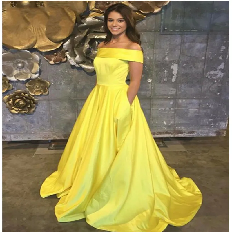 Picture color Длинное платье для выпускного вечера с открытыми плечами, желтое атласное платье, Vestido de Festa, новое вечернее платье в пол с карманом - Цвет: Picture color