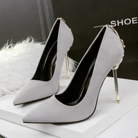 women pumps shoes flock slip on 10cm thin high heel pointed toe metal with bow shallow solid sexy club lady party female shoes