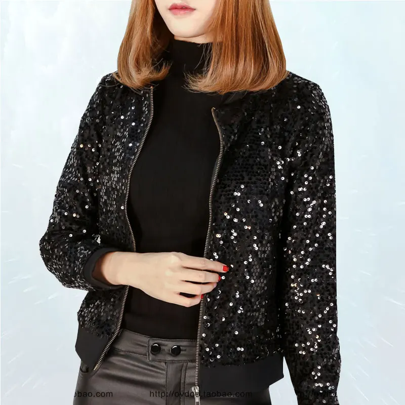 Весенне-осенняя Женская куртка 2019 модное пальто черная Базовая с блестками