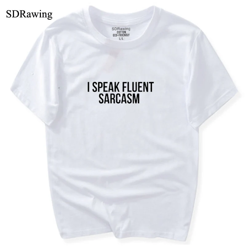 Женская хлопковая футболка с коротким рукавом и круглым вырезом|top tees|i speak fluent