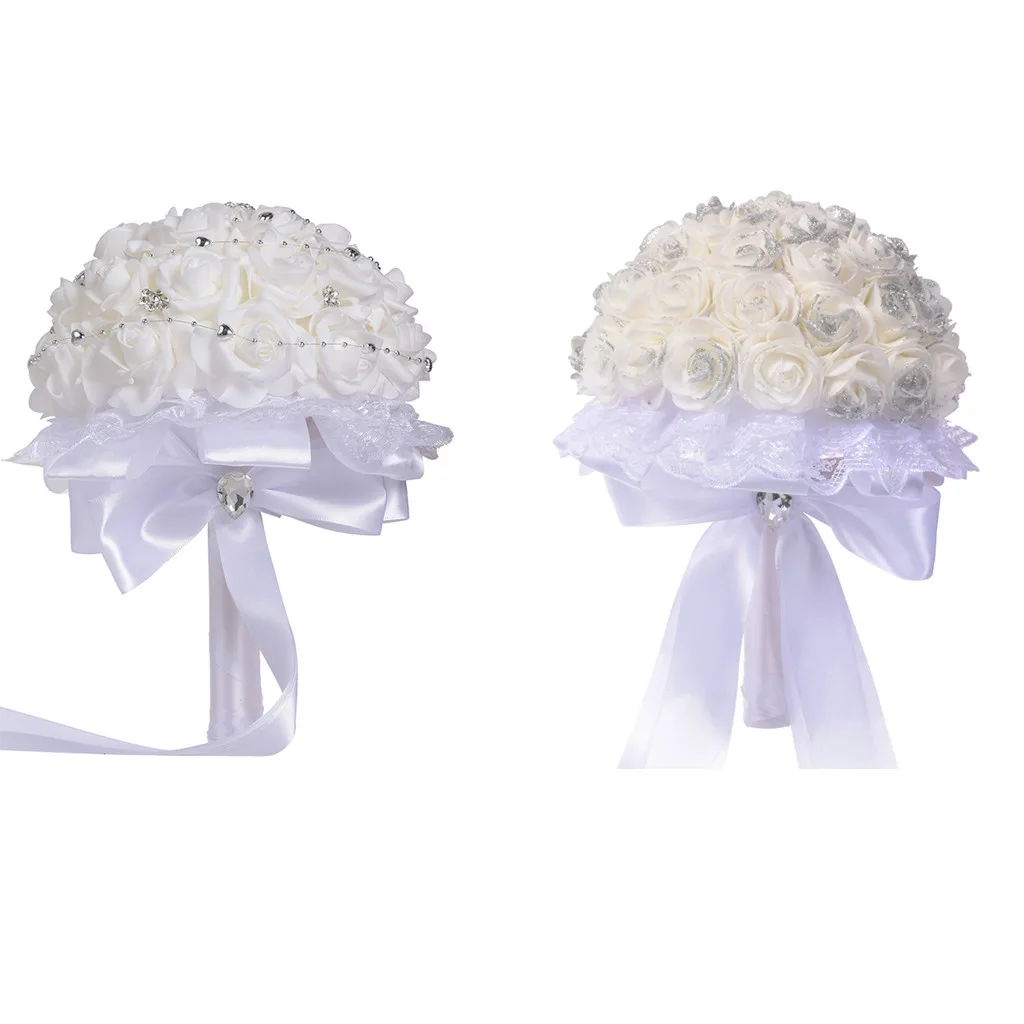 Свадебный букет с кристаллами и жемчугом розы невесты искусственный Шелковый