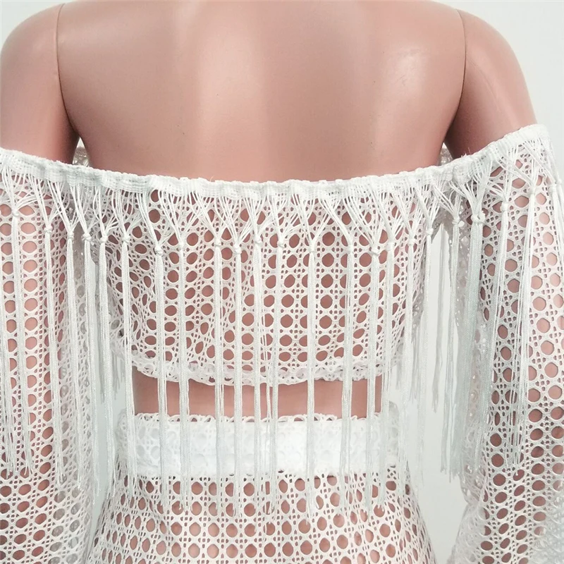 PinePear ажурные кисточкой See Through укороченный топ с длинными рукавами+ юбка макси комплект из 2 предметов женский купальник, пляжная одежда дропшиппинг