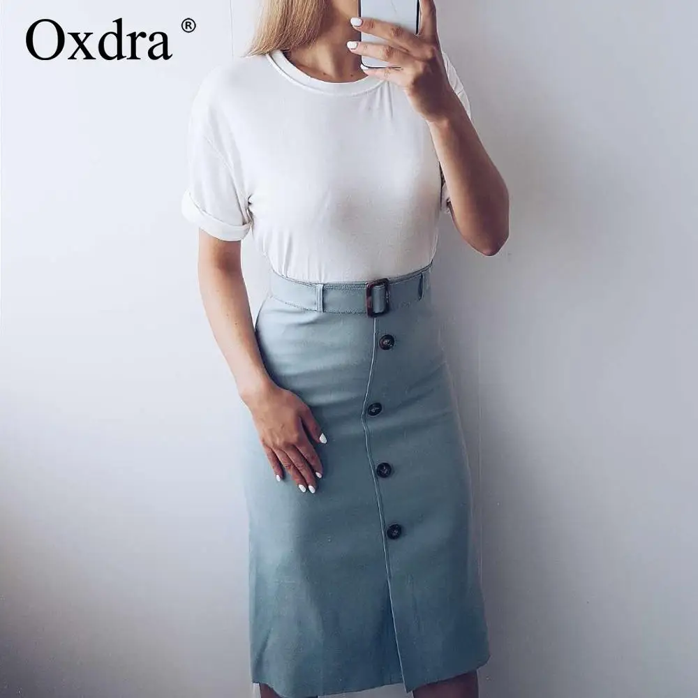 Oxdra Однотонная юбка весна осень 2019 Высокая талия пуговица для юбки женские Сплит